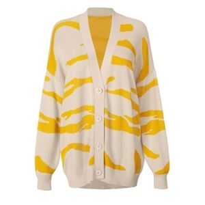 CAbi Roar Tiger Stripe Animal Print Cardigan Sweater Yellow Tan White Size Small